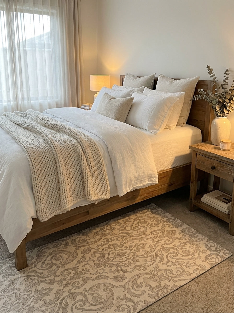 Cream Grey Ornate Damask Scroll Work Rug