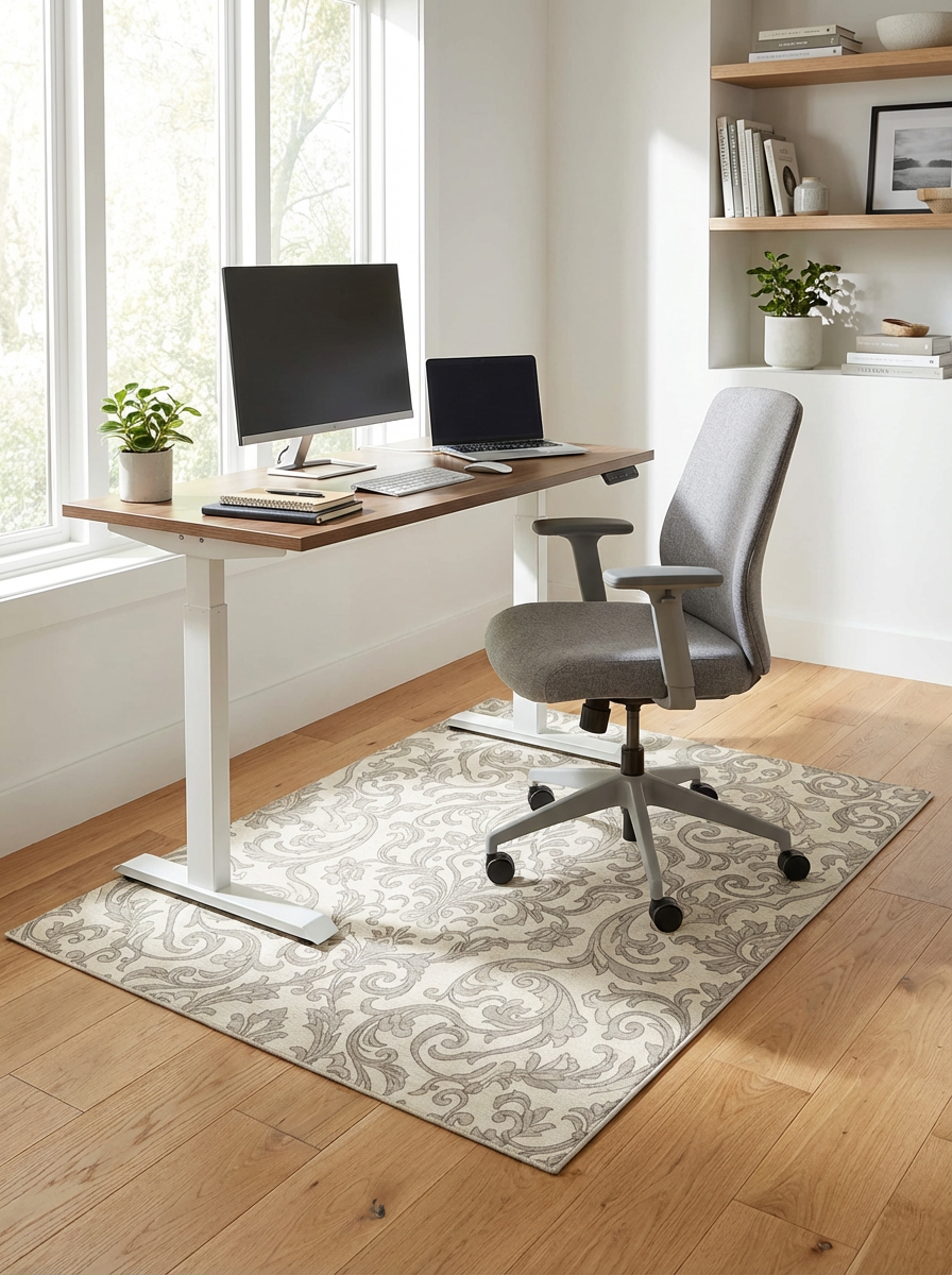 Cream Grey Ornate Damask Scroll Work Rug