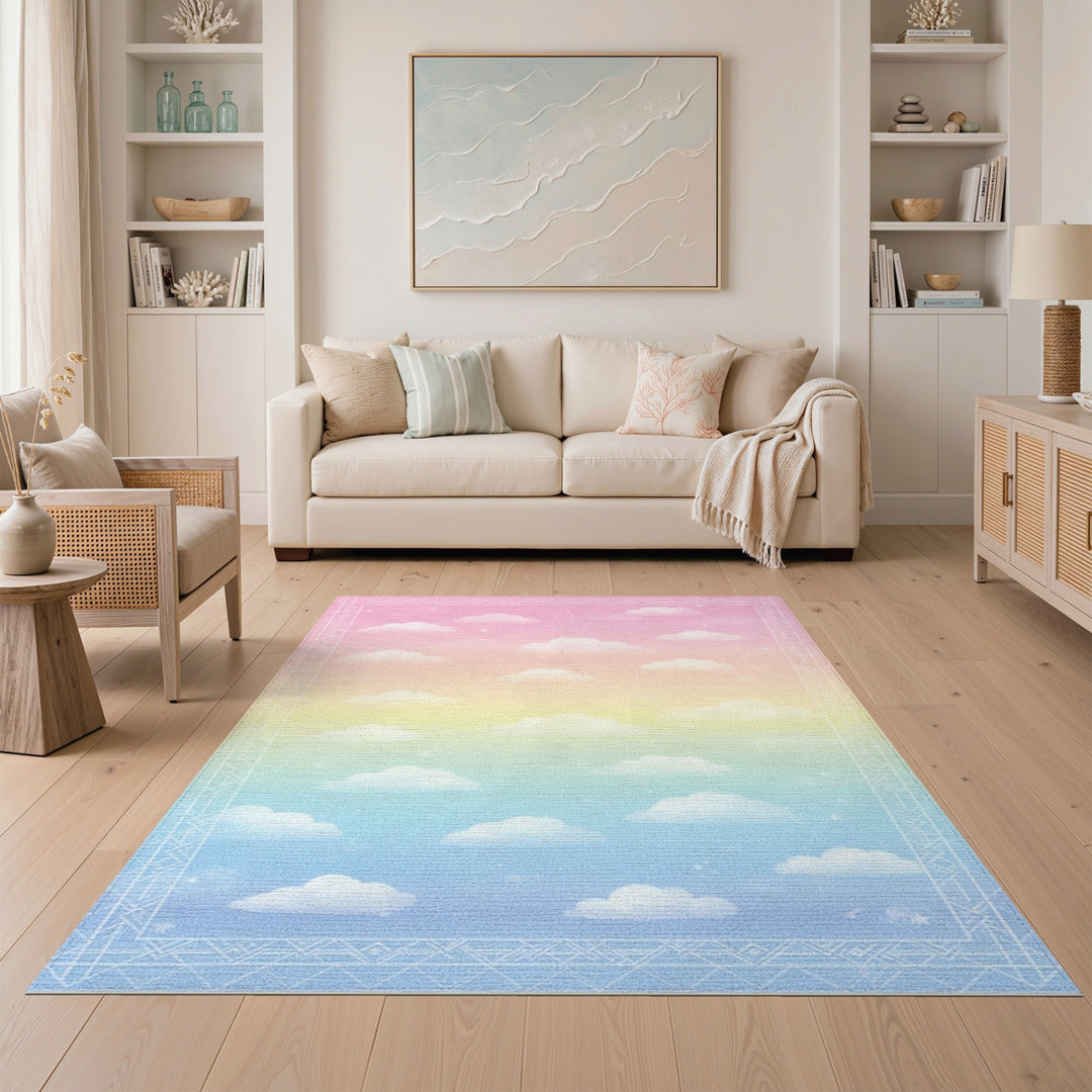 Pastel Rainbow Clouds Washable Area Rug