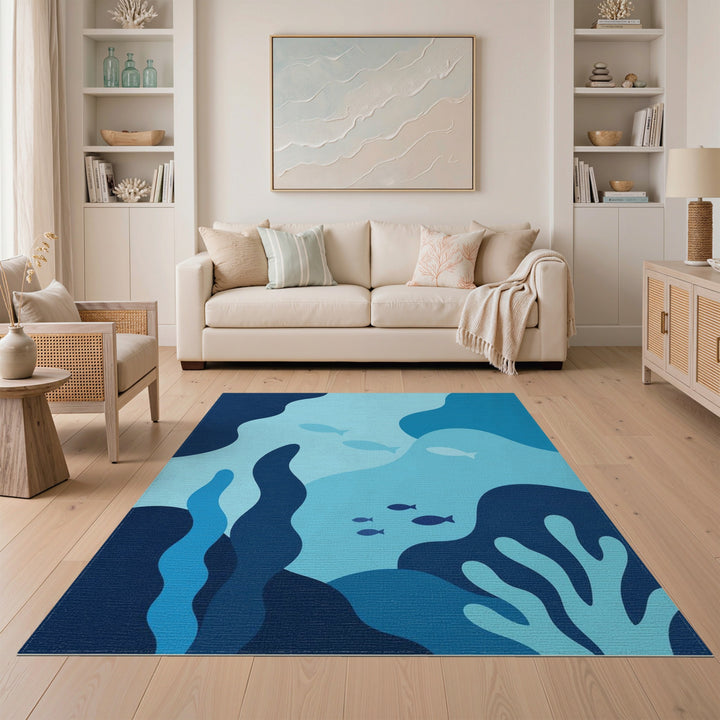Blue and Teal Blue Teal Coastal Fish Area Rug