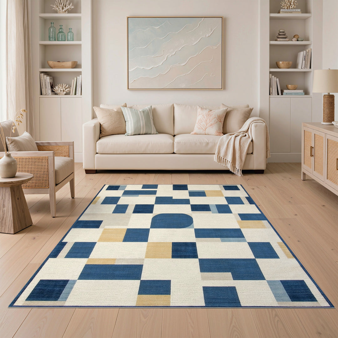 Blue Geometric Area Rug with Abstract Shapes