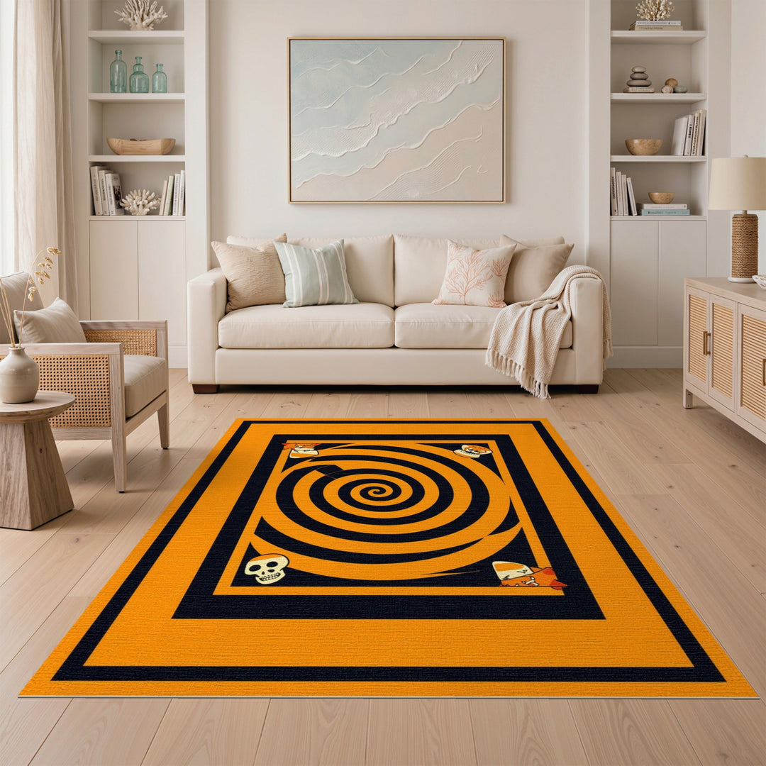 Orange Spiral Skull Washable Area Rug