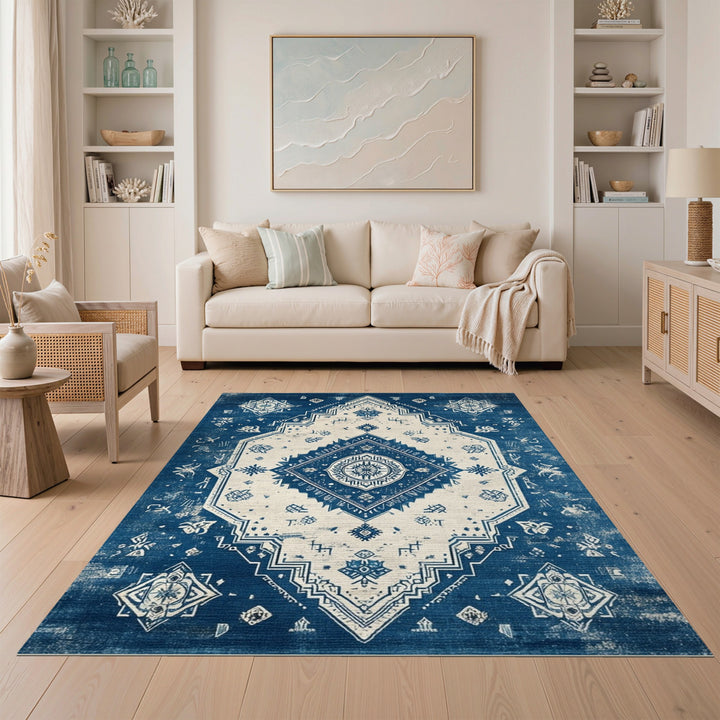 Blue and Teal Blue Distressed Vintage Area Rug