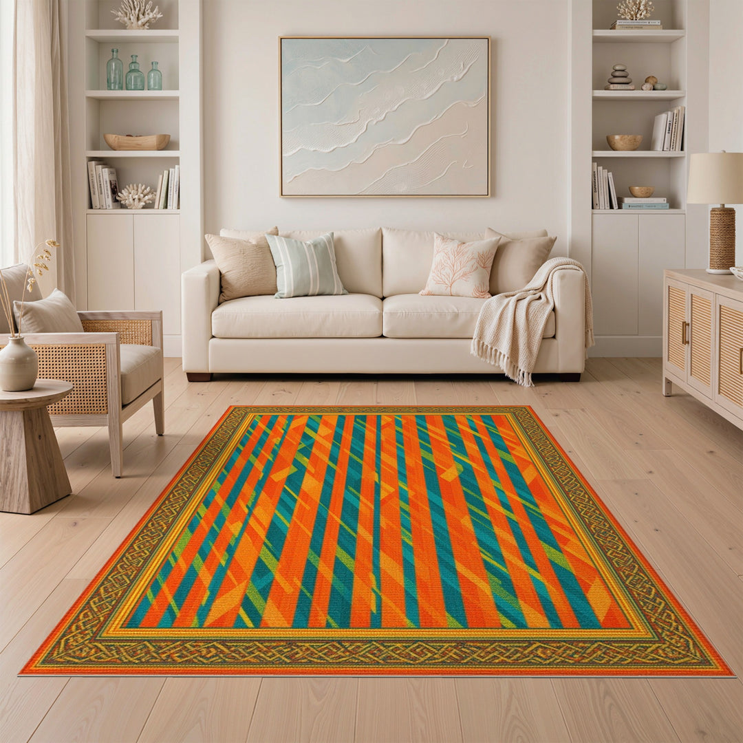 Bold Orange Teal Striped Geometric Area Rug