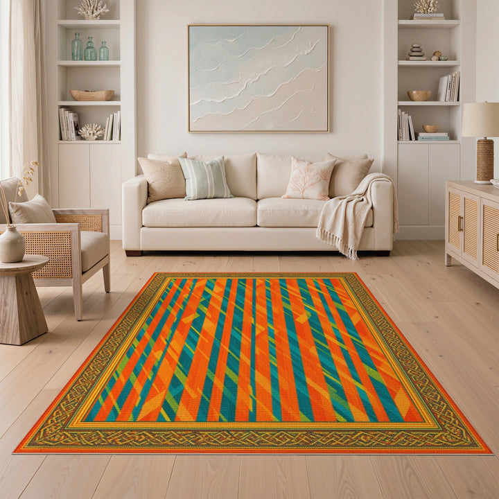 Bold Orange Teal Striped Geometric Area Rug