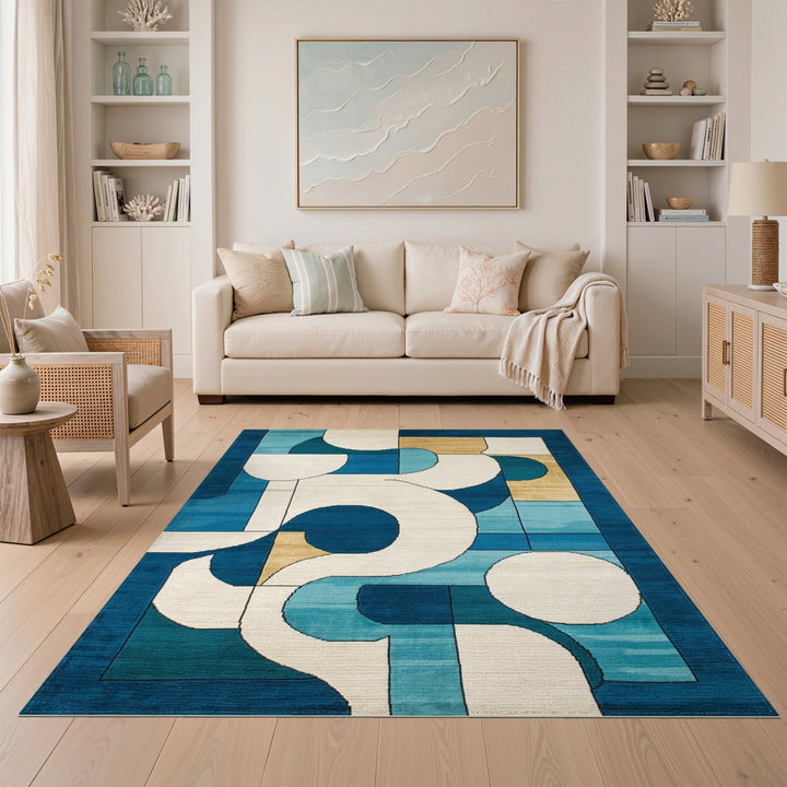 Blue Teal Geometric Abstract Area Rug