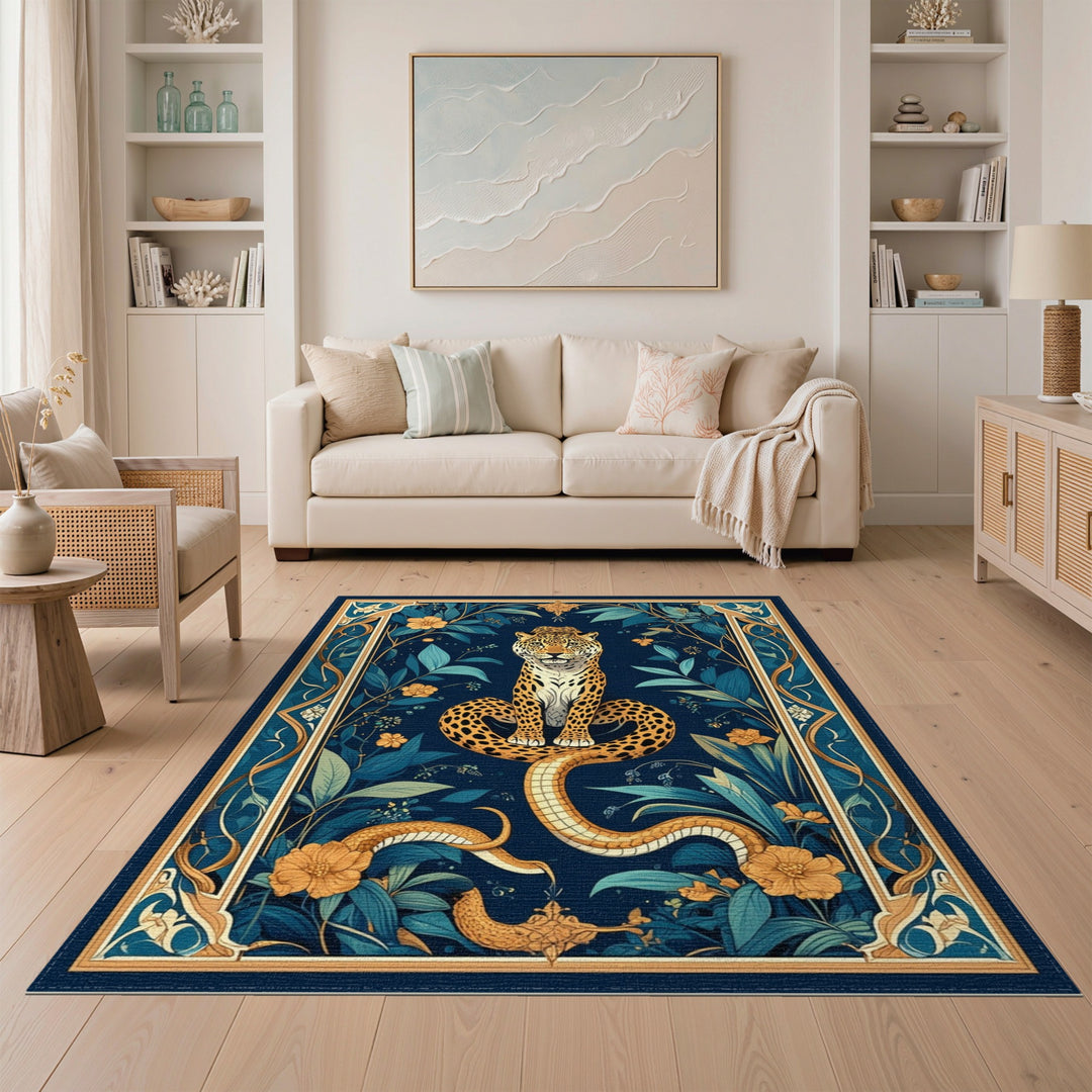 Blue Jungle Leopard Serpent Area Rug