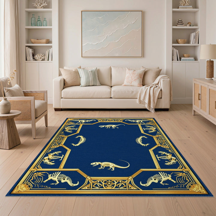 Dinosaur Skeleton Blue Gold Area Rug