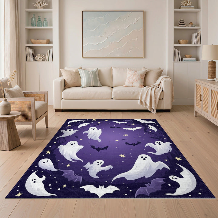 Halloween Ghosts and Bats Purple Area Rug