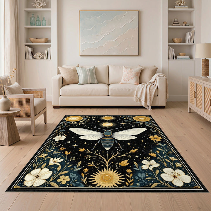 Celestial Moth Gold Floral Area Rug