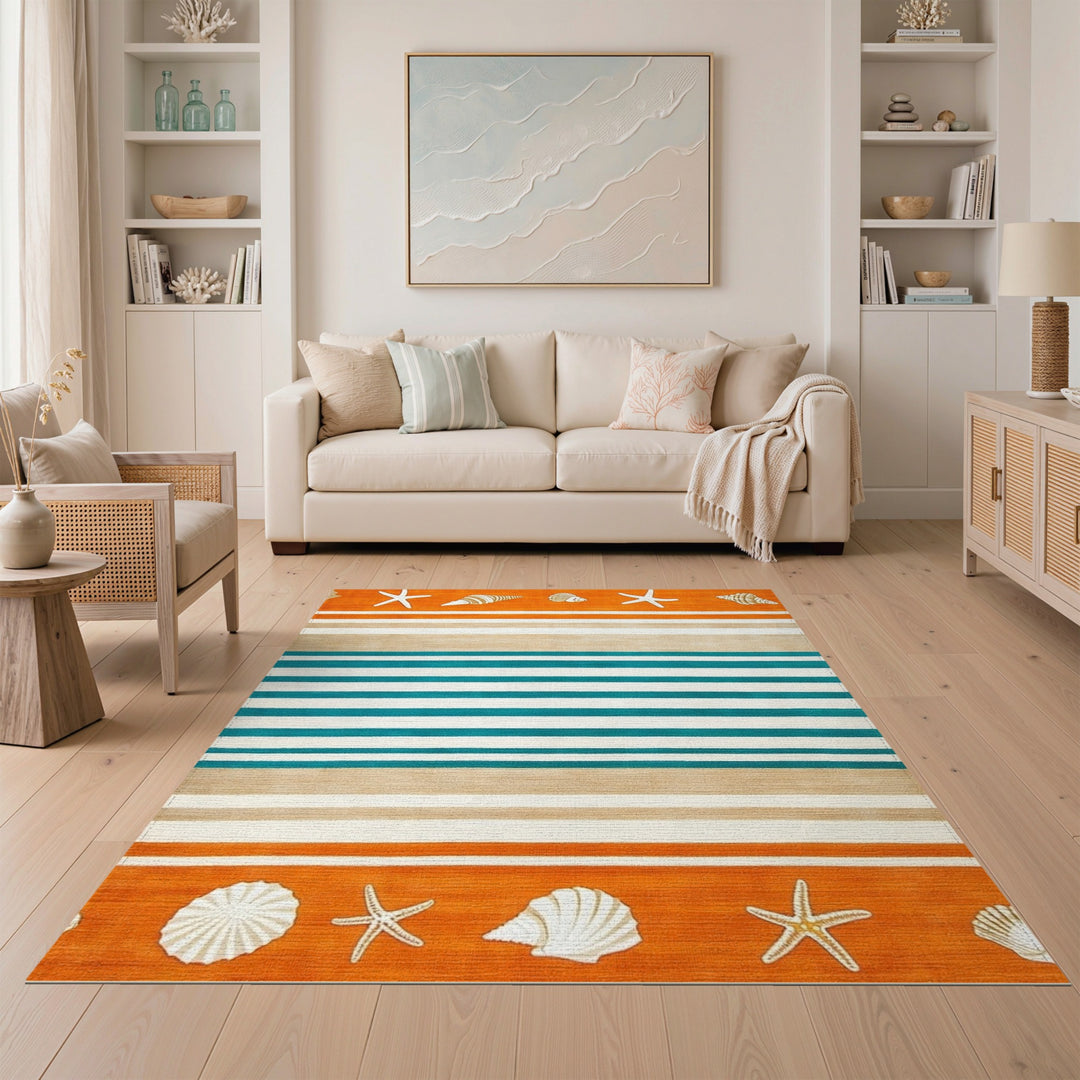Teal Striped Coastal Seashell Area Rug