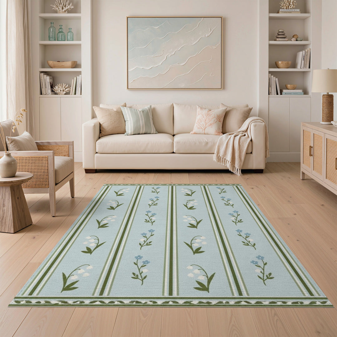 Blue Floral Stripe Lily Area Rug
