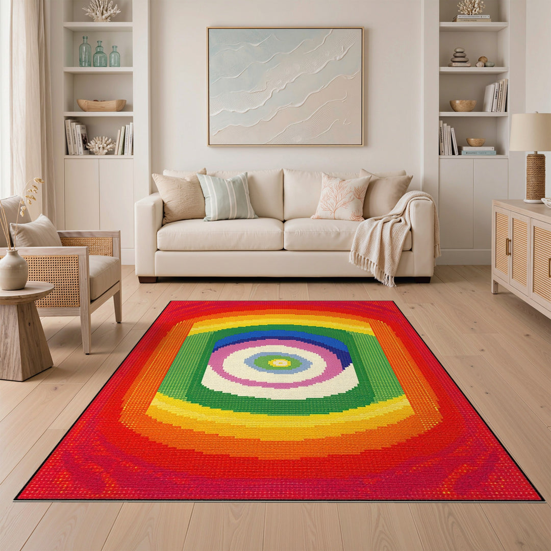 Vibrant Rainbow Concentric Square Area Rug