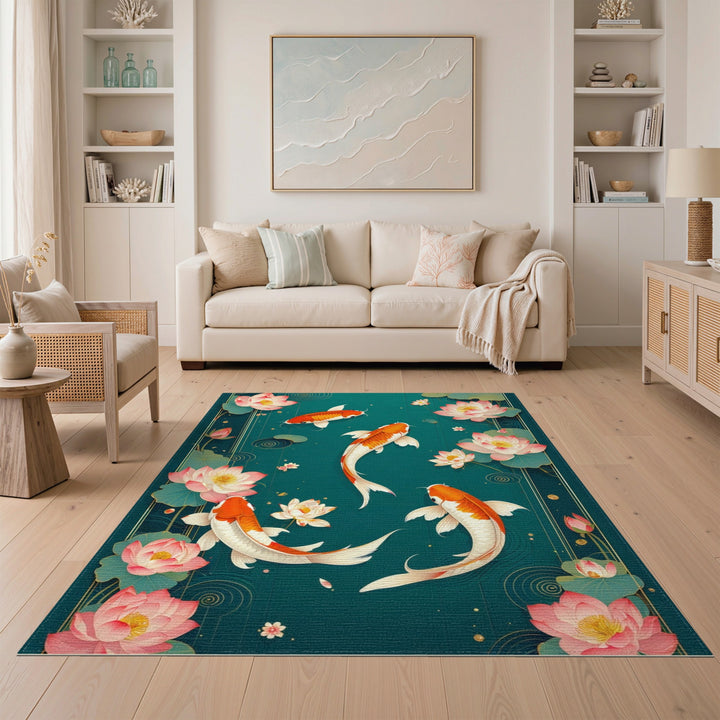 Teal Koi Lotus Washable Area Rug