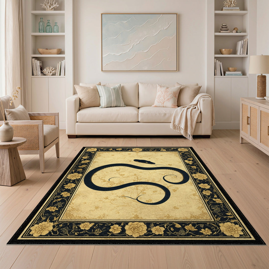 Black Serpent Beige Floral Vintage Area Rug