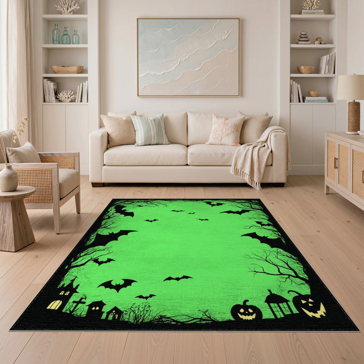 Green Halloween Bats and Pumpkins Area Rug