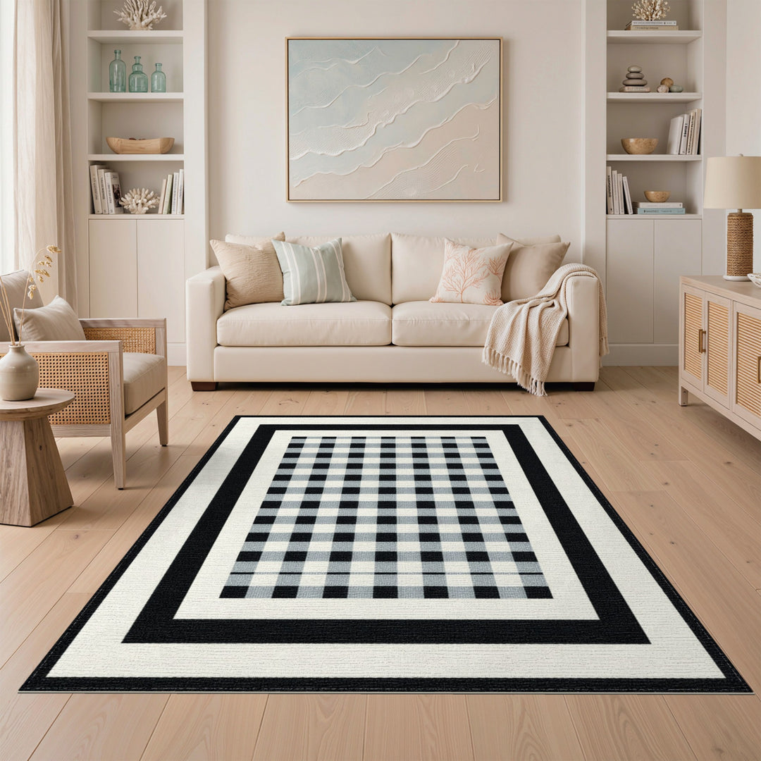 Black and White Black White Buffalo Check Washable Area Rug