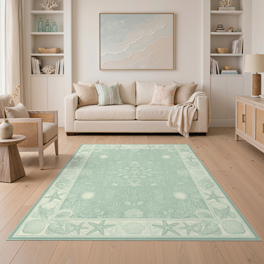 Teal Coastal Starfish Seashell Washable Area Rug