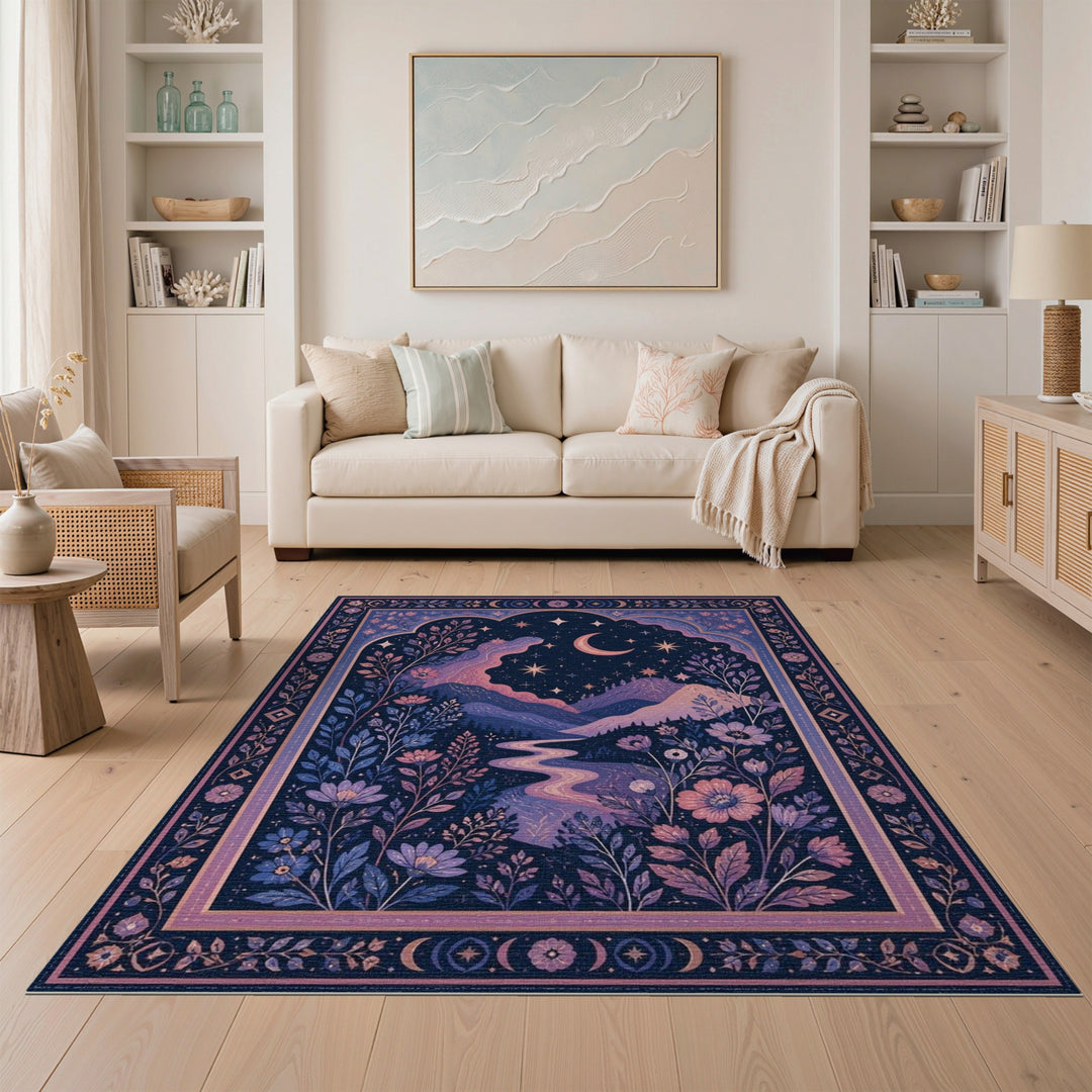Starry Night Mountain Purple Area Rug