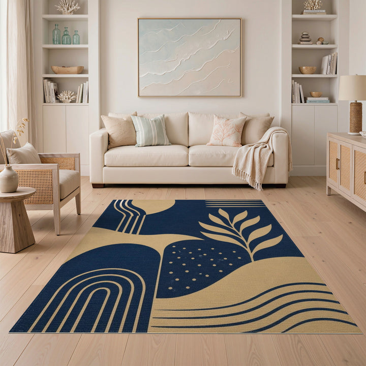 Navy Gold Geometric Leaf Area Rug
