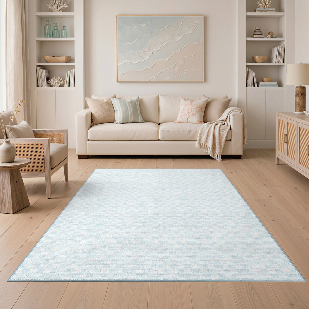 Light Blue Checkered Washable Area Rug