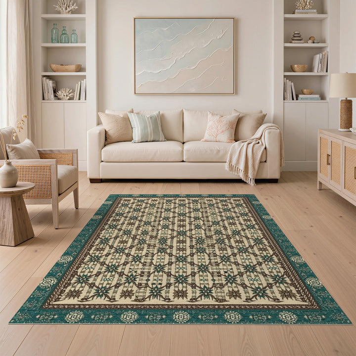 Blue and Teal Lattice Teal Geometric Lattice Area Rug