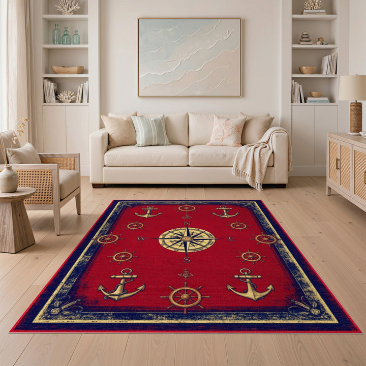 Red Nautical Compass Anchor Vintage Area Rug