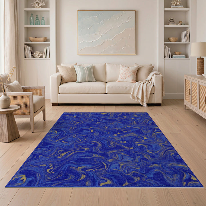Blue Gold Fluid Swirl Abstract Area Rug