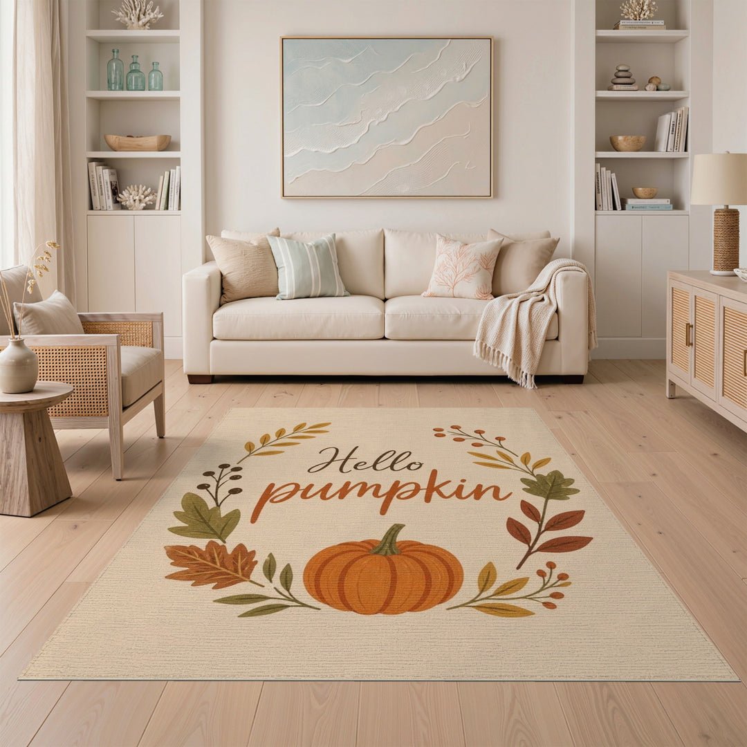 Hello Pumpkin Autumn Wreath Area Rug
