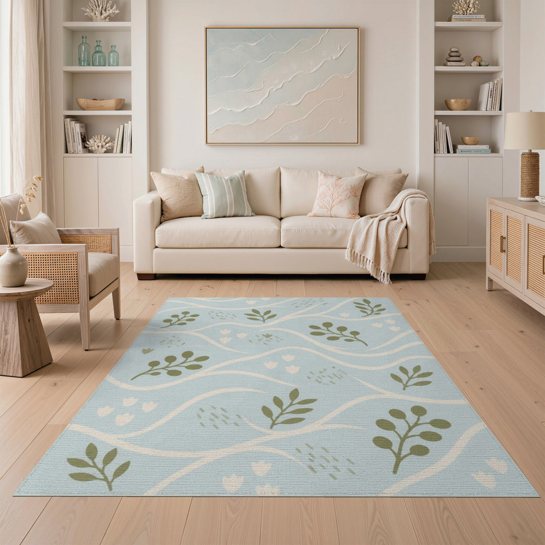 Coastal Blue Wave Leaf Area Rug