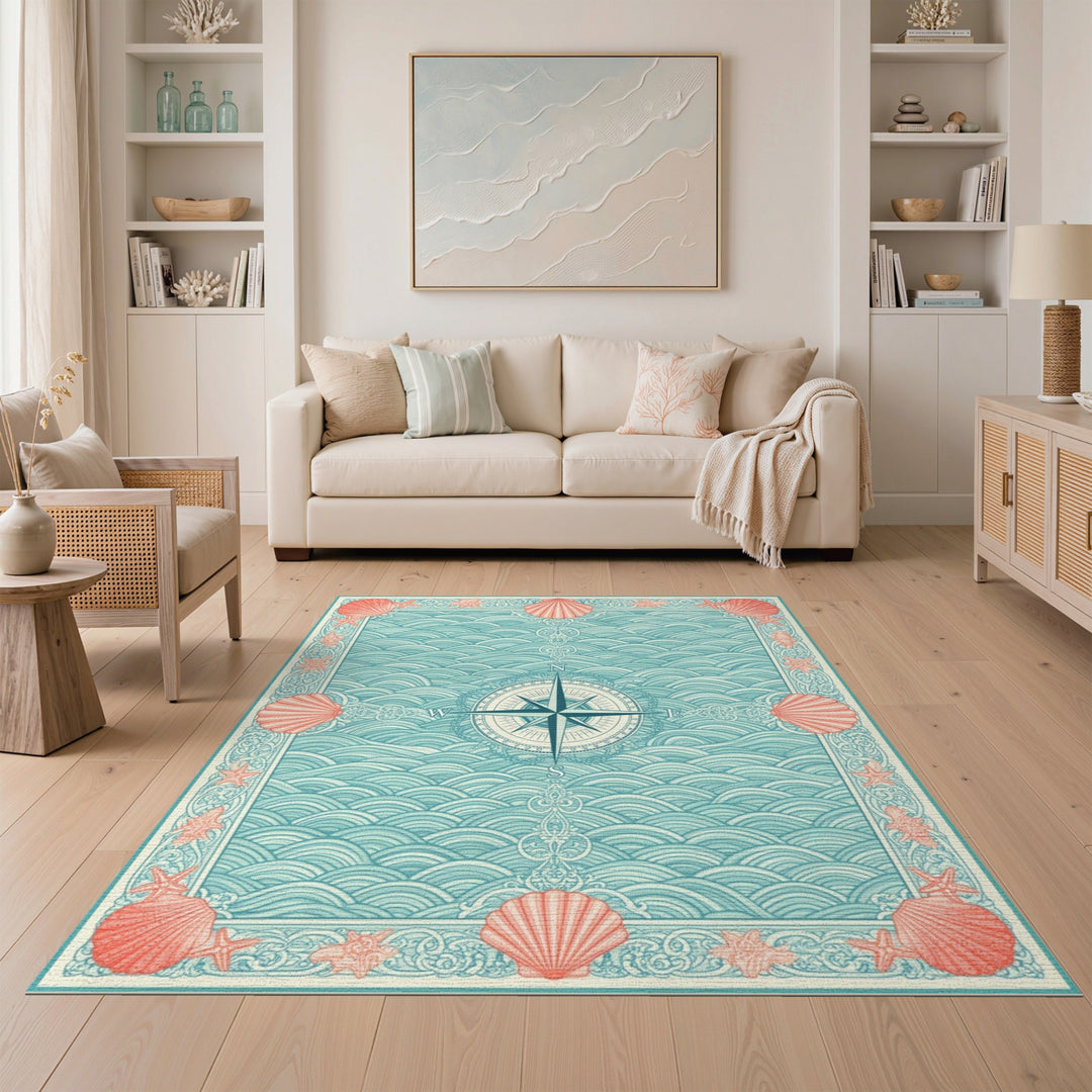 Coastal Compass Wave Teal Area Rug
