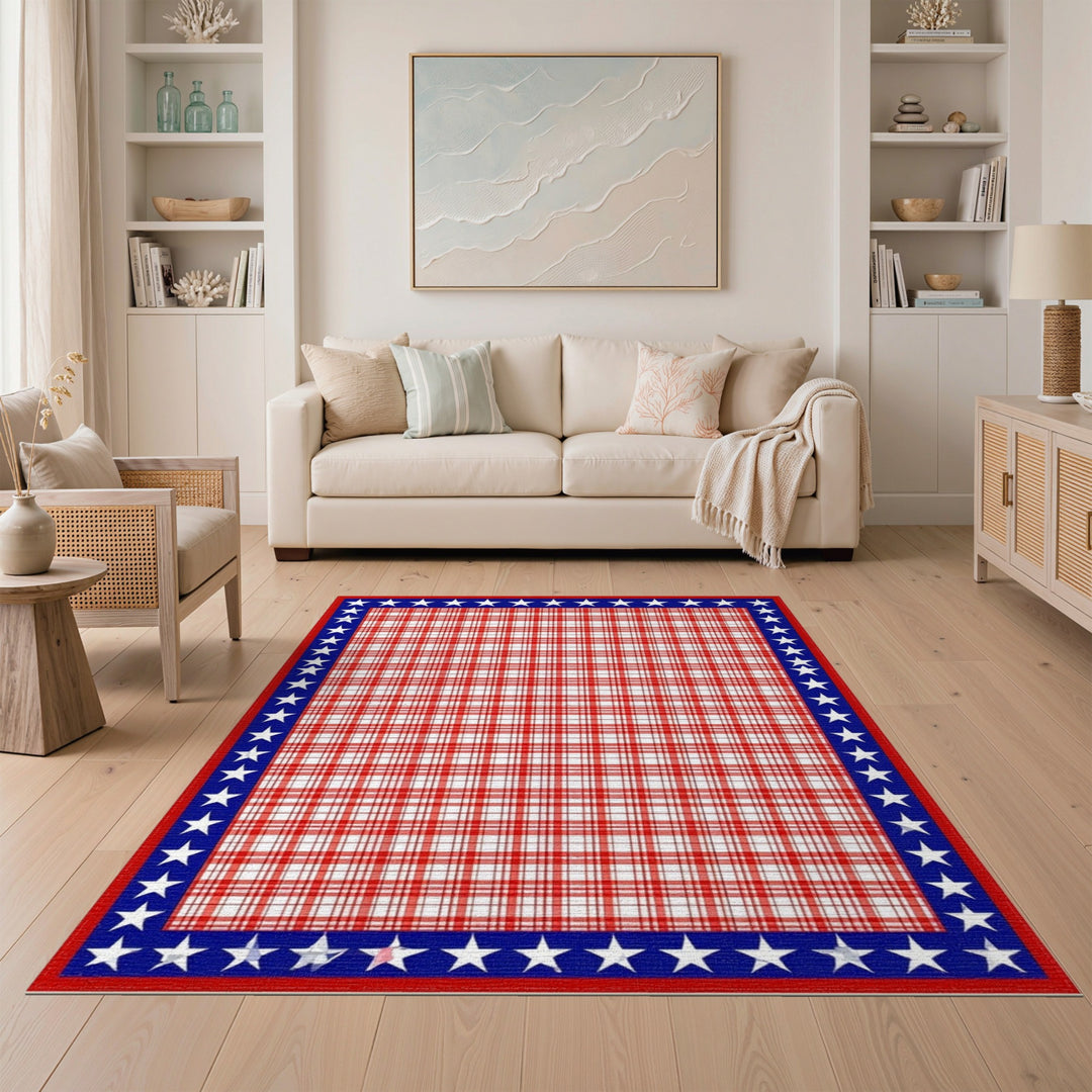 Red Plaid Rug with Blue Star Border
