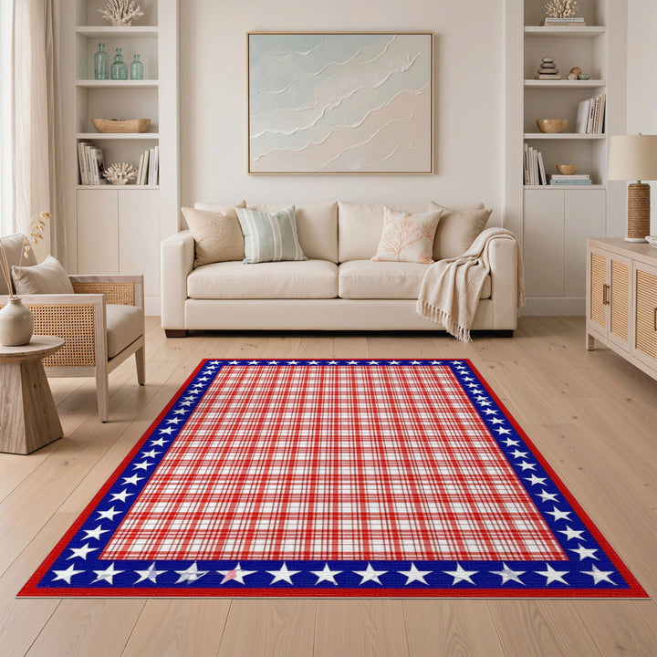 Red Plaid Rug with Blue Star Border