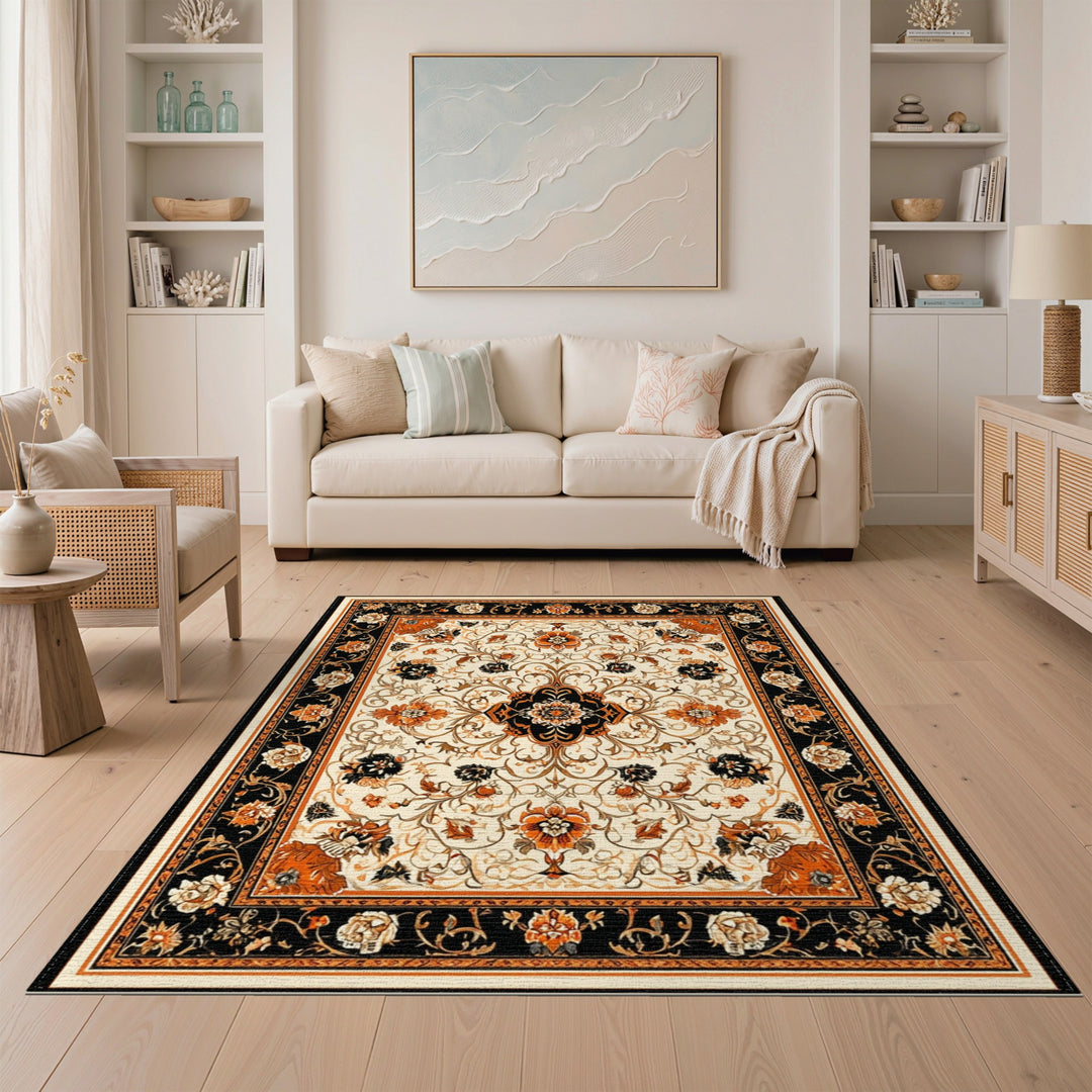 Black Orange Floral Vintage Area Rug