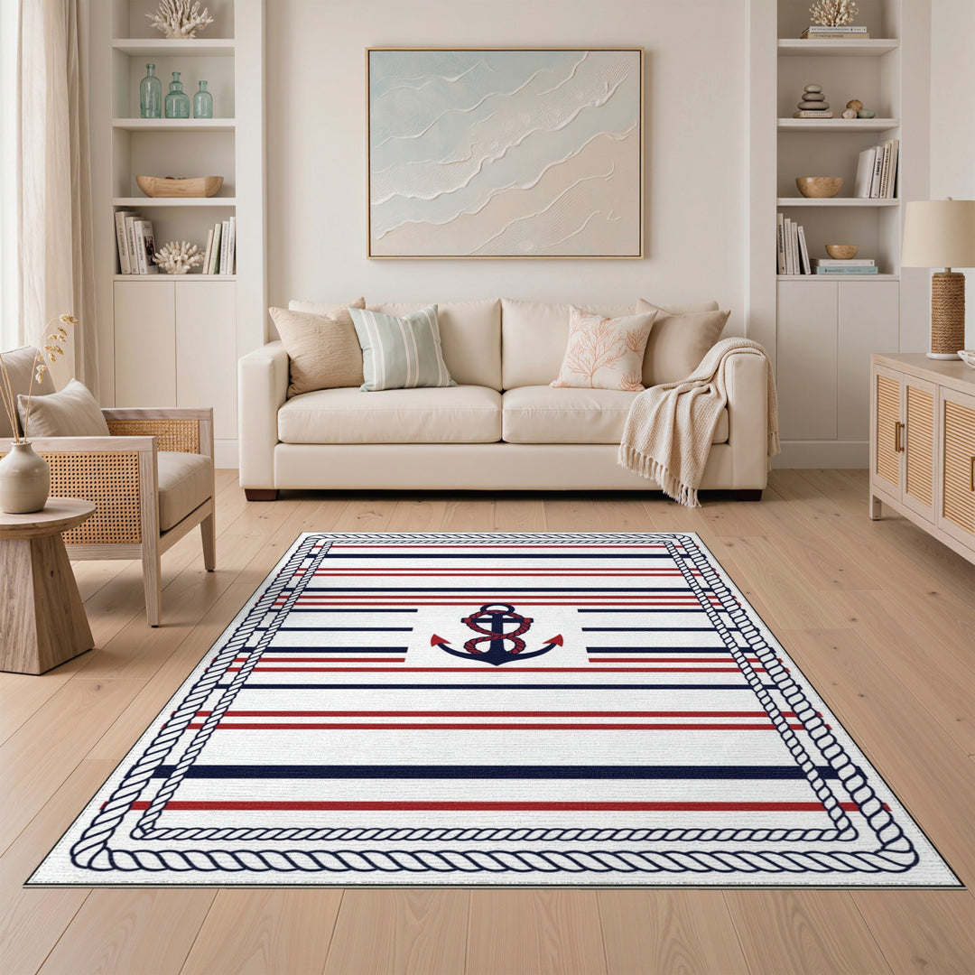 Nautical Anchor Striped Coastal Area Rug