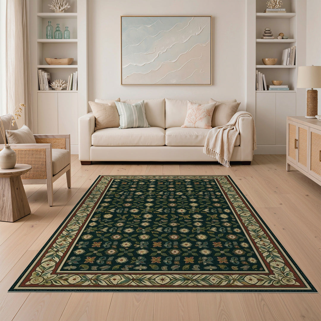 Green Dark Green Floral Vintage Area Rug