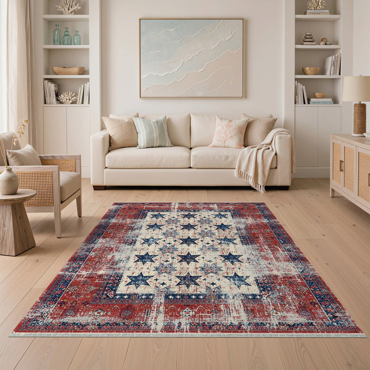 Red Distressed Patriotic Star Area Rug