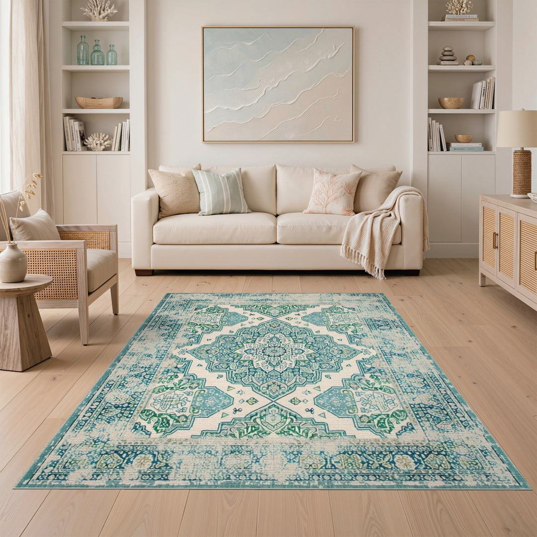 Blue and Teal Distressed Vintage Medallion Area Rug