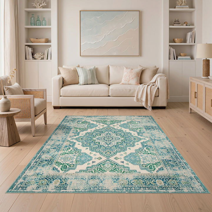 Blue and Teal Distressed Vintage Medallion Area Rug
