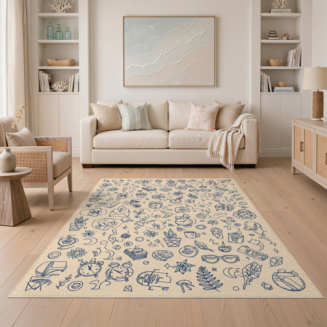 Blue Sketch Doodle Area Rug