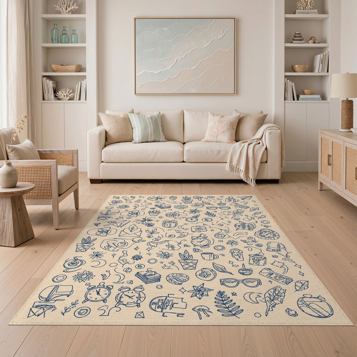 Blue Sketch Doodle Area Rug