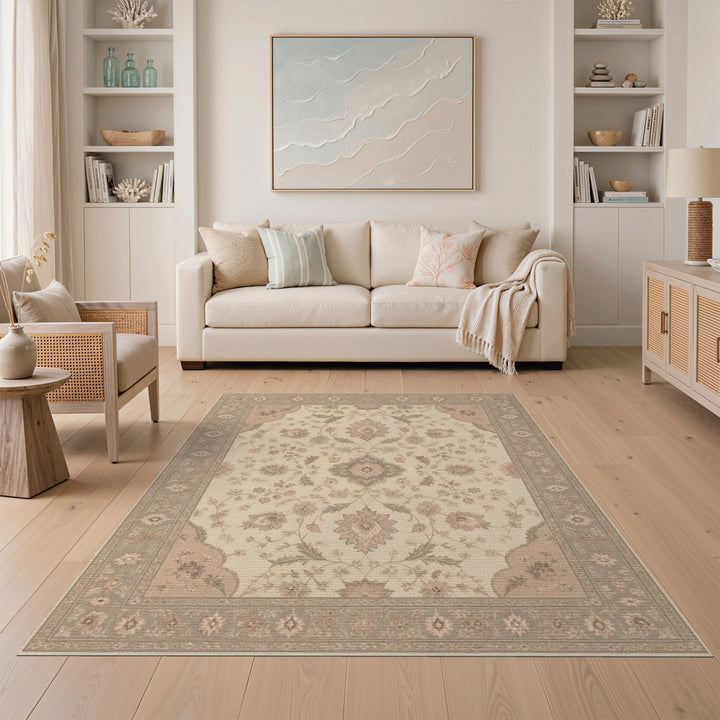 Beige Floral Medallion Vintage Rug
