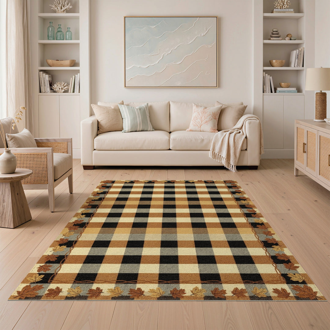Brown Buffalo Check Area Rug with Leaf Border