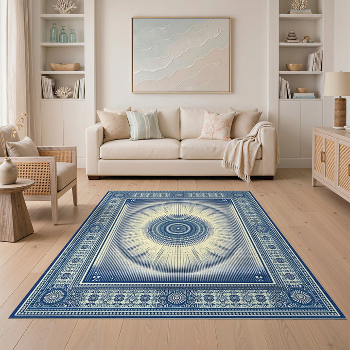 Blue and Teal Blue Sunburst Geometric Area Rug