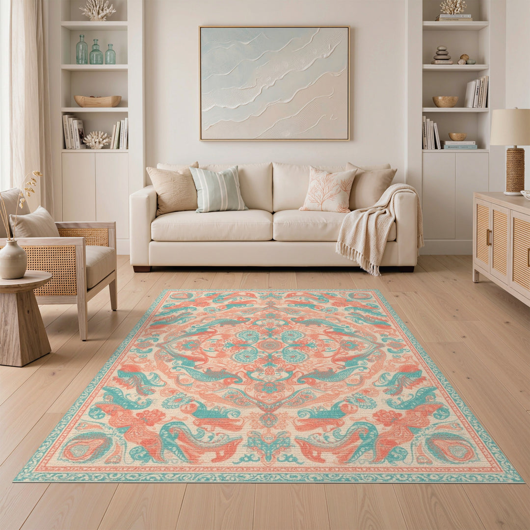 Blue and Teal Coral Traditional Persian Area Rug