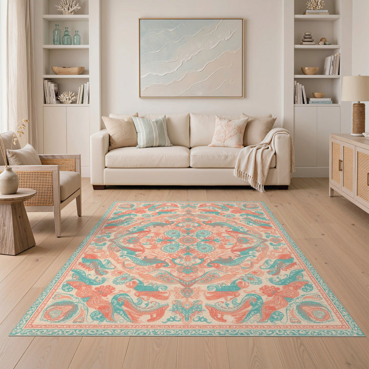 Blue and Teal Coral Traditional Persian Area Rug
