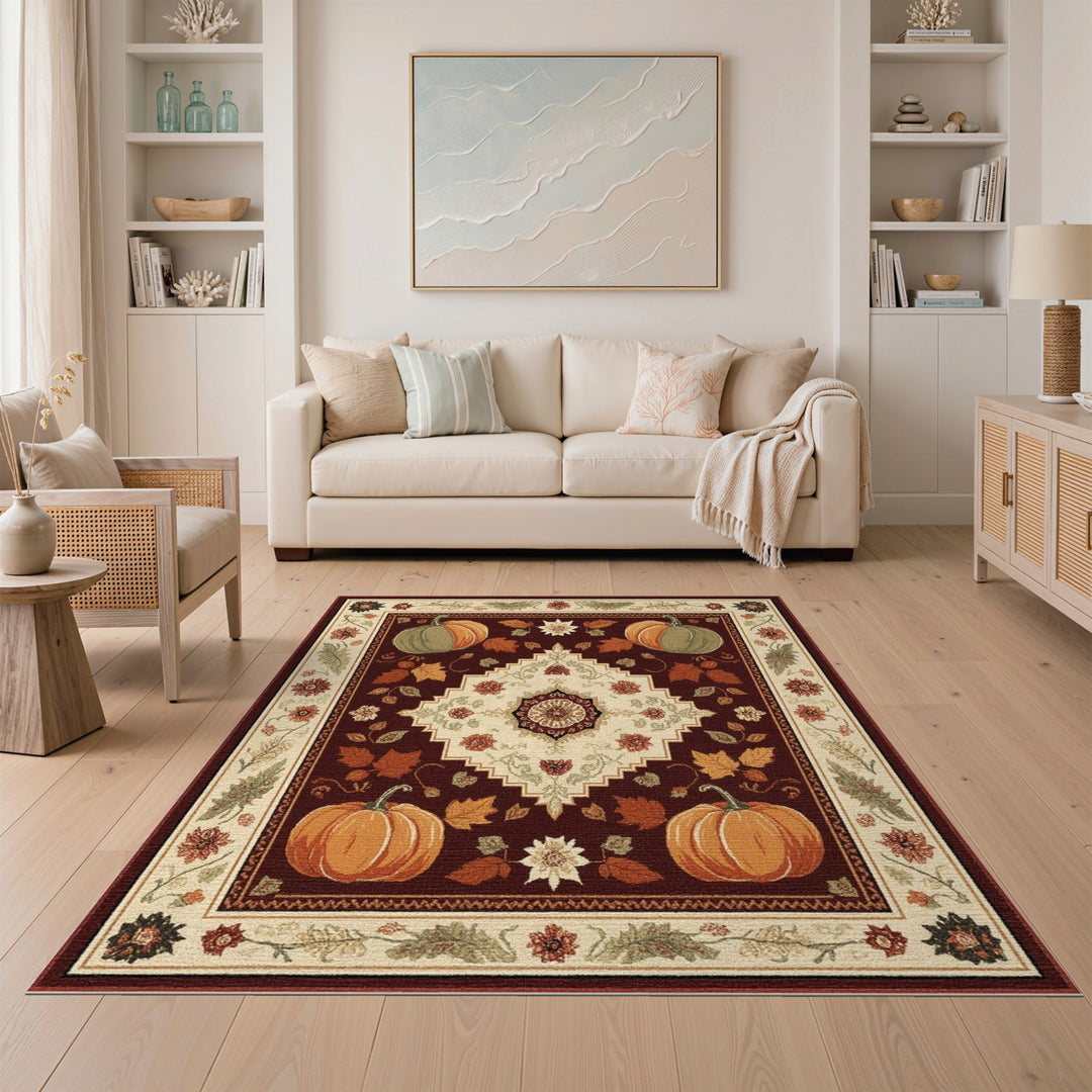 Red Pumpkin Floral Medallion Area Rug