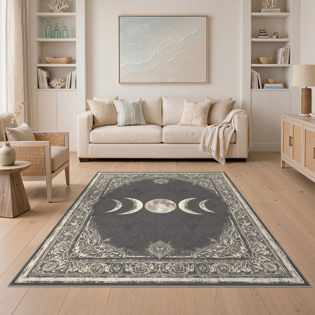 Moon Phases Black White Distressed Vintage Rug
