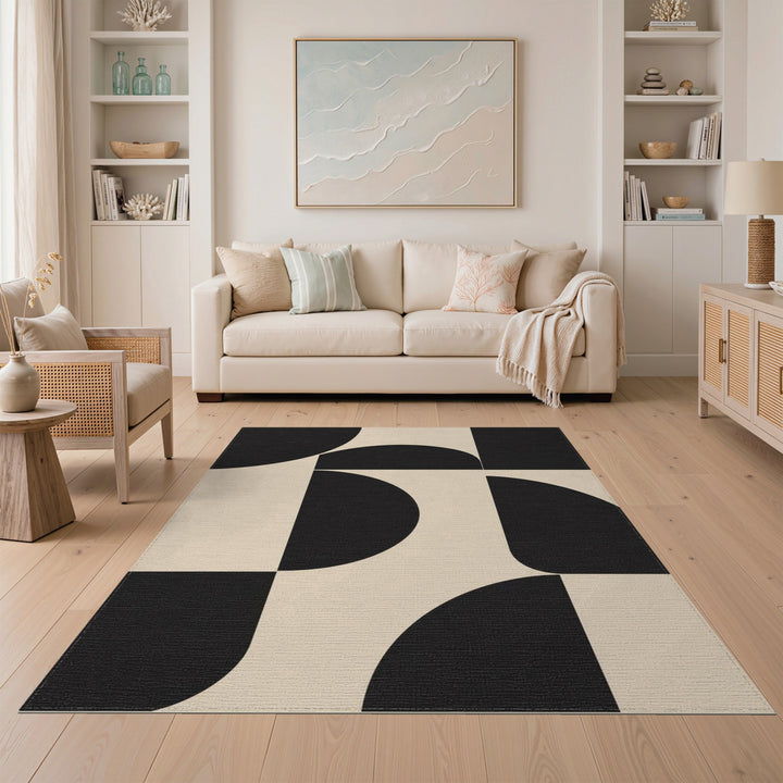 Beige and Neutral Black Geometric Modern Area Rug