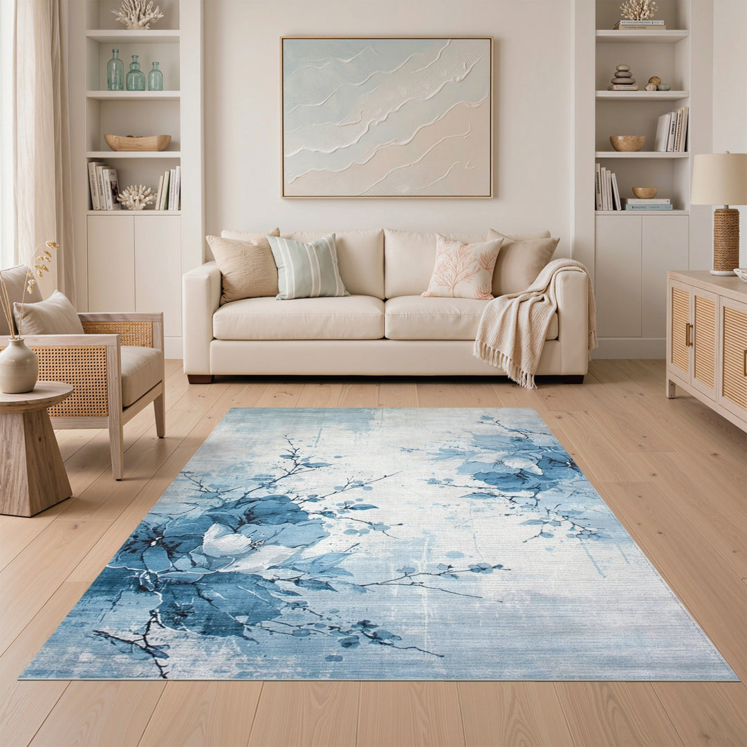 Blue Floral Vintage Washable Area Rug